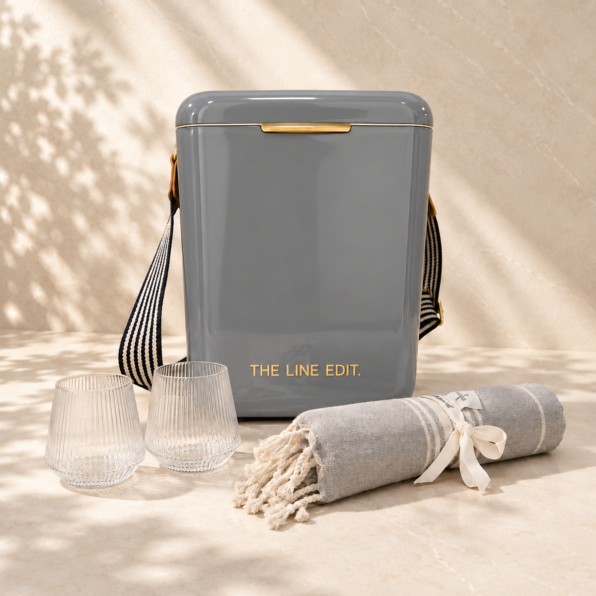 The Summer Duo gift for two in grey: Pavilion cooler, two fluted Velora tumblers and a rolled grey Turkish towel