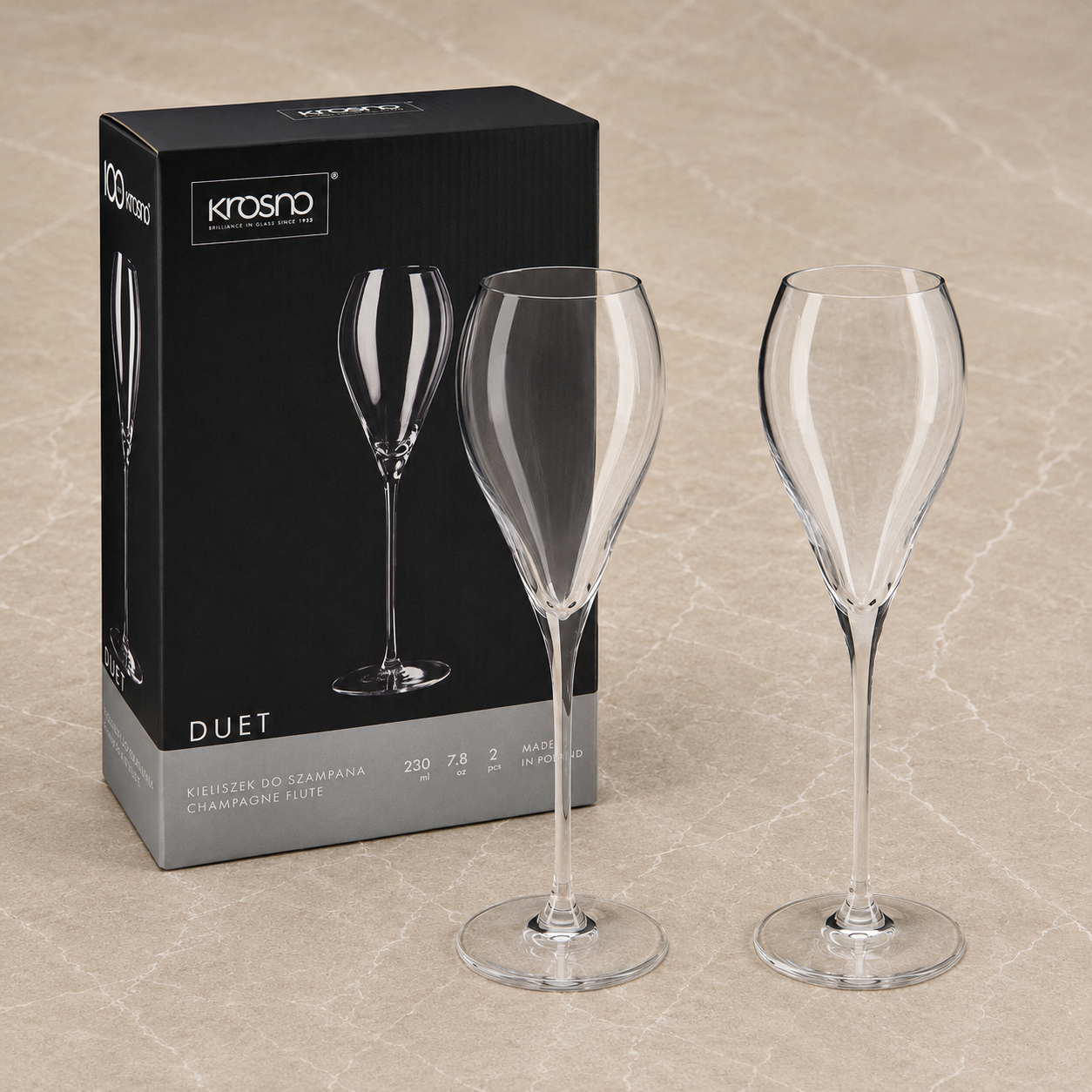 Krosno Duet crystal champagne flutes set of 2 (230ml) in gift box – included in The Big Celebration luxury gift hamper by The Gifting Pantry
