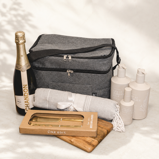 A Little Piece of Heaven luxury gift hamper – Chandon Brut, grey cooler bag, Maine Beach body wash, Turkish towel and cheese knife set