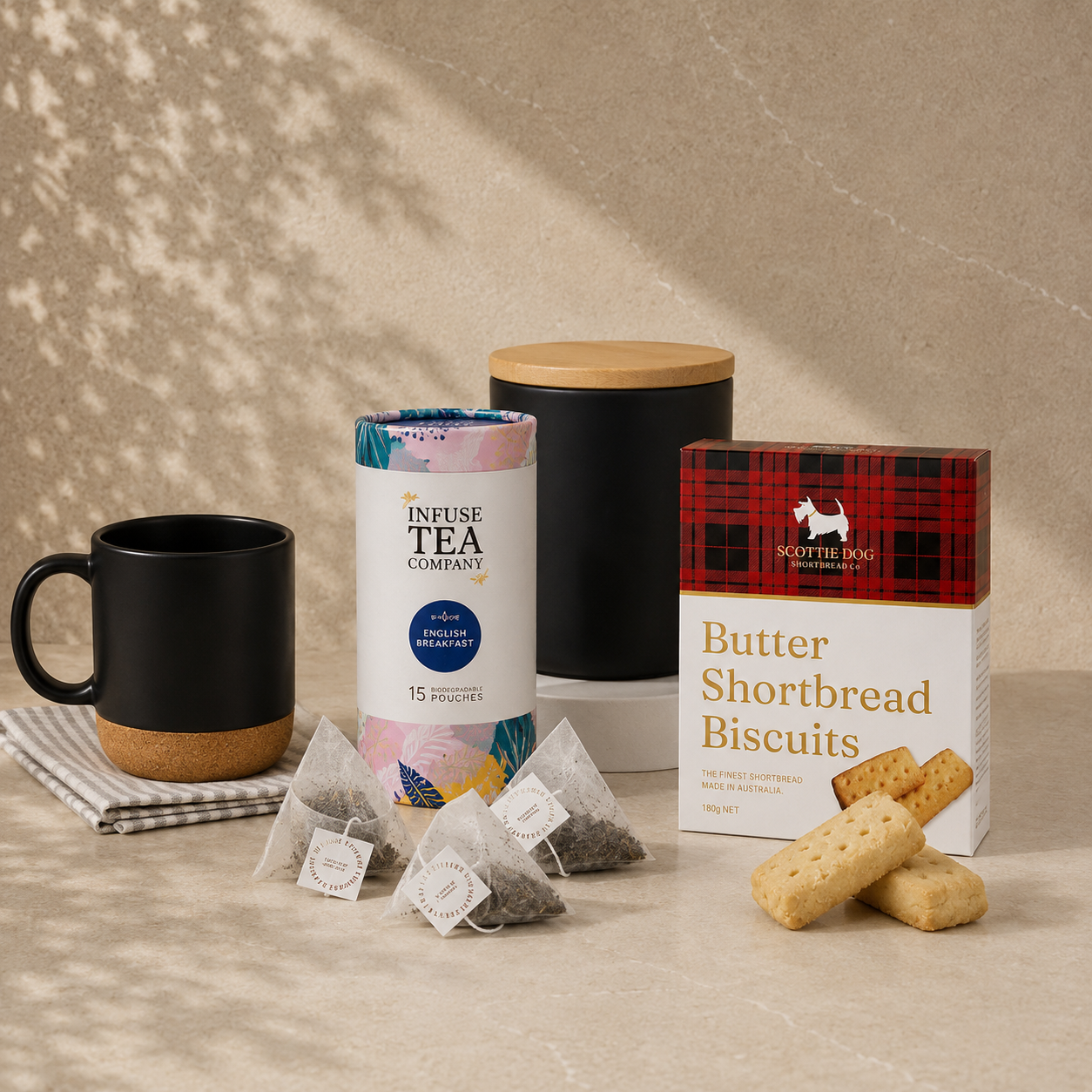 Make Yourself at Home new home gift - black ceramic mug with cork base, Infuse English Breakfast tea, loose leaf tea bags, Scottie Dog shortbread biscuits and black soy candle