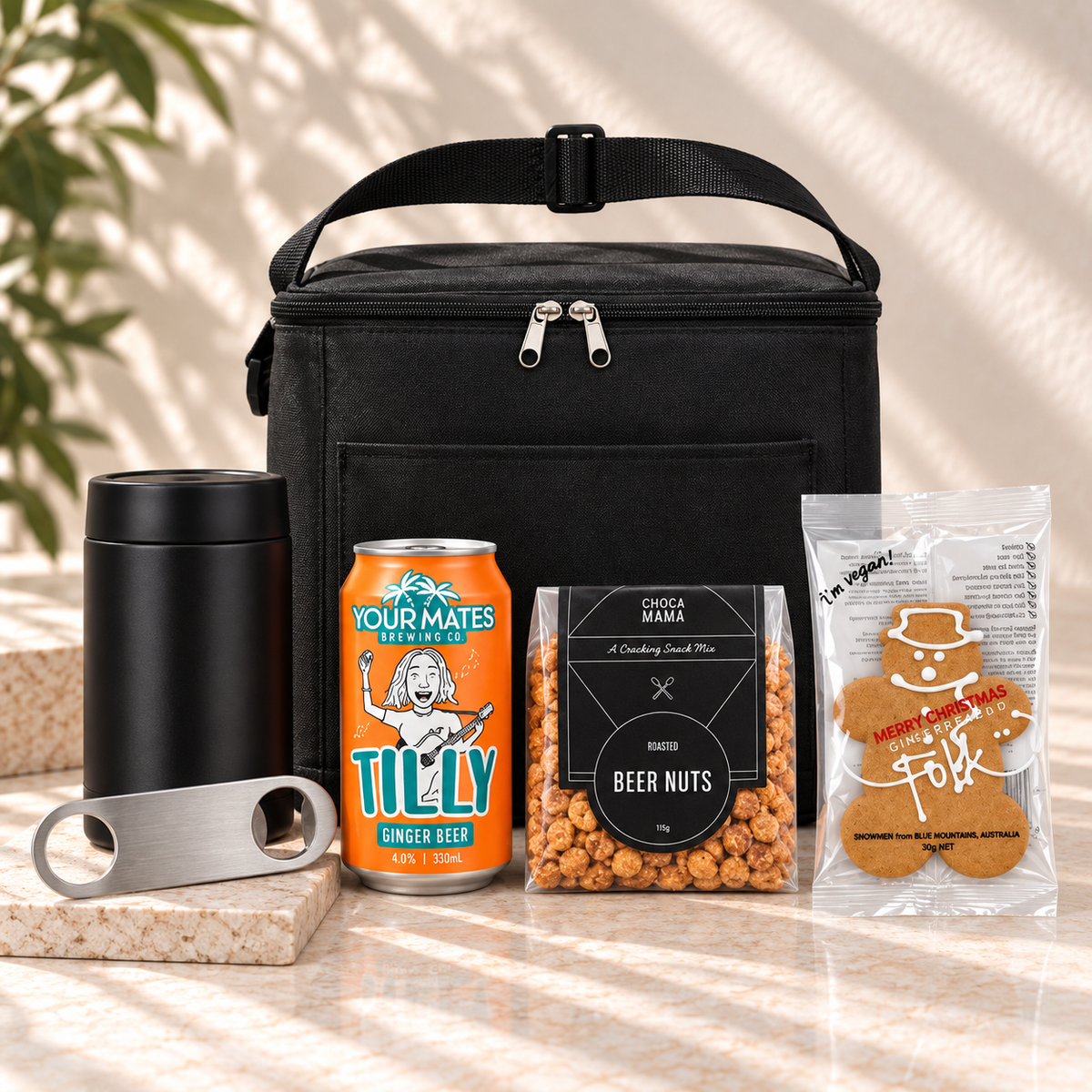 Christmas, Cold and Ready gift hamper with insulated cooler bag, drink cooler, beer nuts, gingerbread and Tilly ginger beer
