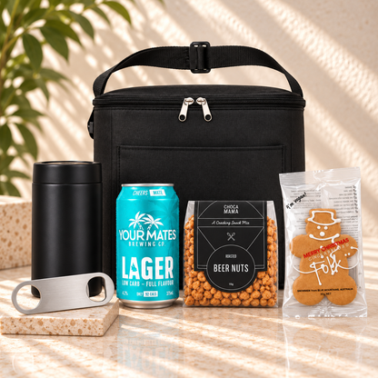 Christmas, Cold and Ready hamper packed with a cooler bag, drink cooler, bottle opener, beer nuts and Your Mates Lager