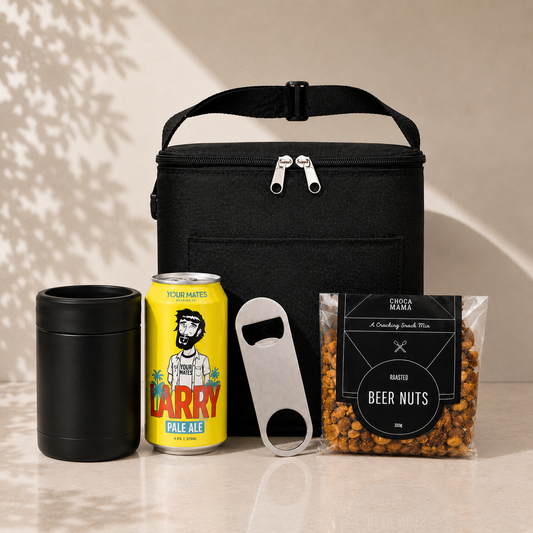 Cold One, Well Earned beer gift set with black cooler bag, Your Mates Larry Pale Ale can, stainless steel drink cooler, bottle opener and Chocamama beer nuts
