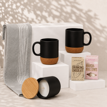 Cosy for Two gift hamper black variant - black ceramic mugs, vanilla soy candle, drinking chocolate and marshmallows