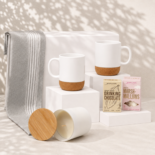 Cosy for Two gift hamper white variant - ceramic mugs, vanilla soy candle, drinking chocolate and marshmallows