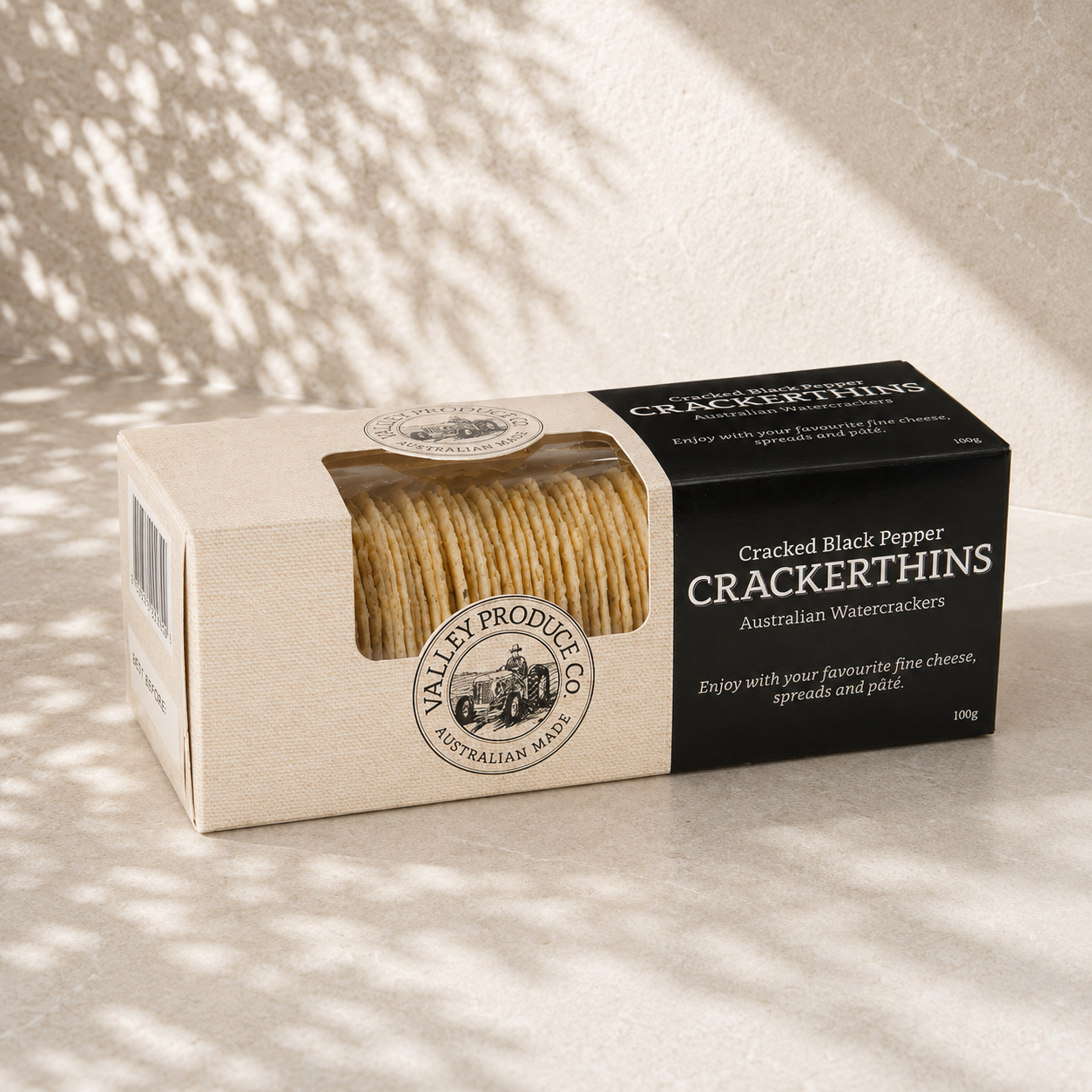 Valley Produce Co Cracked Black Pepper Crackerthins 100g – Australian watercrackers included in the Slow Afternoons Ahead relaxation gift hamper by The Gifting Pantry