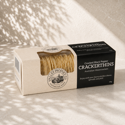 Valley Produce Co Cracked Black Pepper Crackerthins 100g – Australian watercrackers included in the Slow Afternoons Ahead relaxation gift hamper by The Gifting Pantry