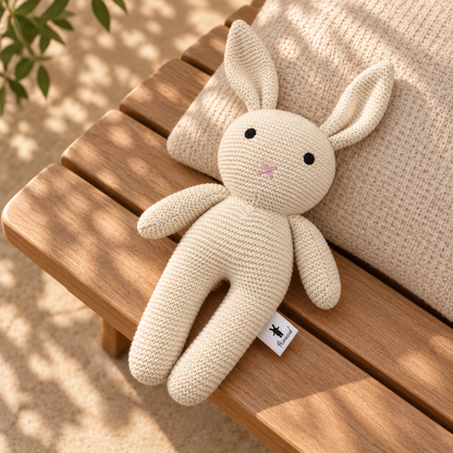 Cream knitted cotton bunny from the Hello Little One baby gift hamper, resting on a sunlit timber stool