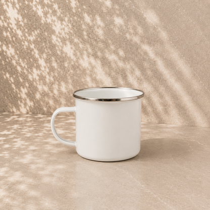 White 475ml vintage-style enamel mug with silver rim — 2 included in Escape for Two couples gift hamper by The Gifting Pantry