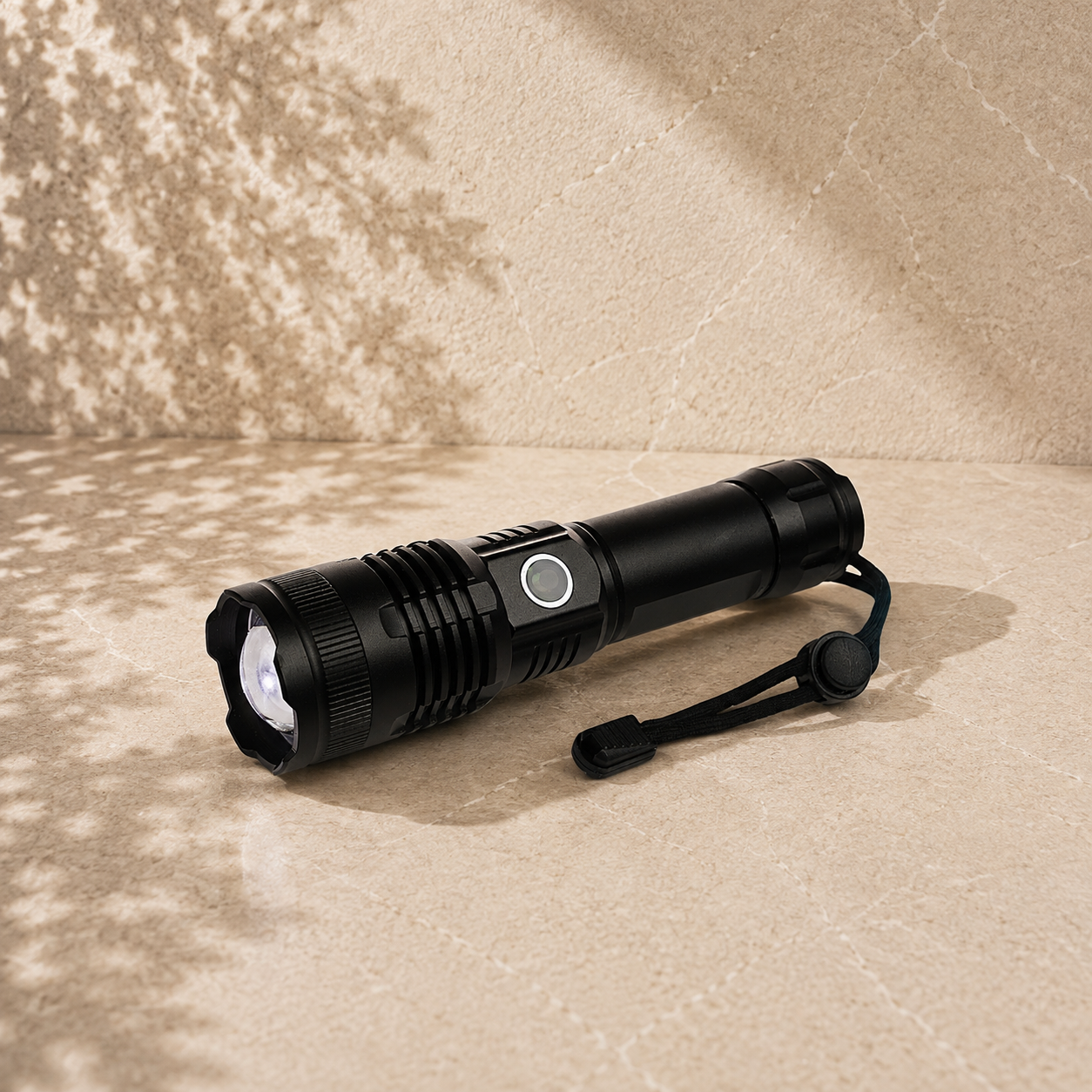 Powerful rechargeable LED torch with wrist strap, included in the Cast Off fishing gift hamper by The Gifting Pantry