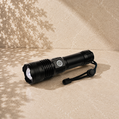 Powerful rechargeable LED torch with wrist strap, included in the Cast Off fishing gift hamper by The Gifting Pantry
