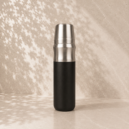 600ml black and silver double-wall vacuum flask with push button lid — included in Escape for Two couples gift hamper by The Gifting Pantry