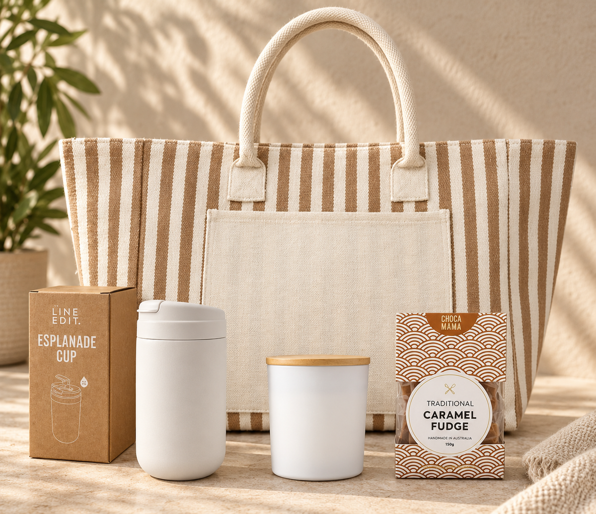 For Everything You Do gift with a natural striped Hampton tote, white Esplanade cup, soy candle and caramel fudge