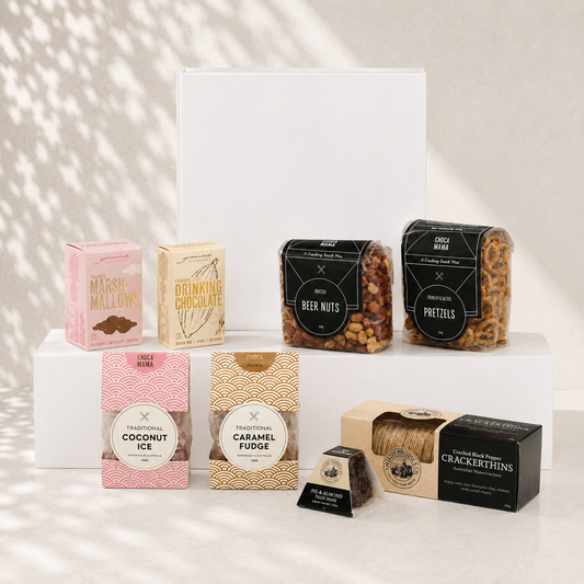 Gather Around luxury food hamper gift box — Chocamama coconut ice, caramel fudge, beer nuts, pretzels, Grounded Pleasures drinking chocolate and marshmallows, Valley Produce Co. crackers and fig almond paste