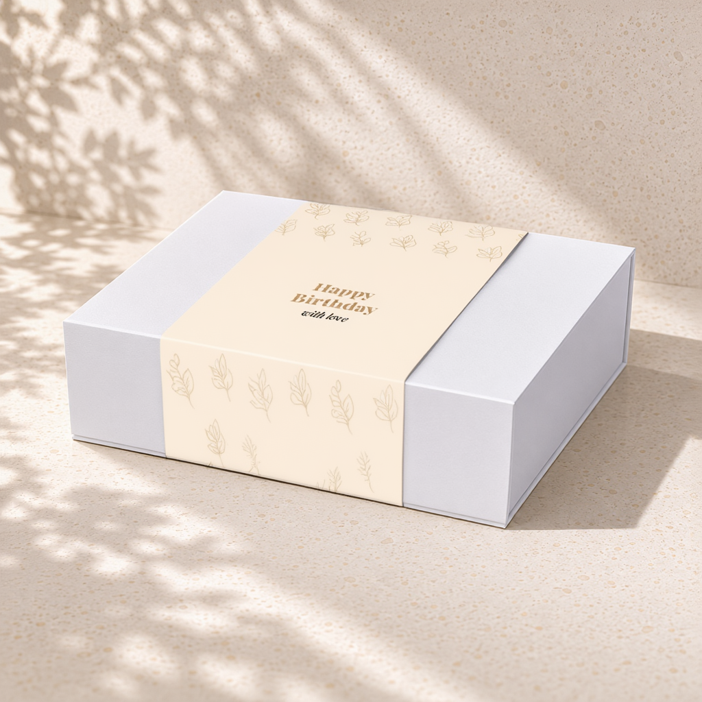 White magnetic-close gift box with Happy Birthday sleeve — Still and Sparkling Chandon pamper gift hamper by The Gifting Pantry