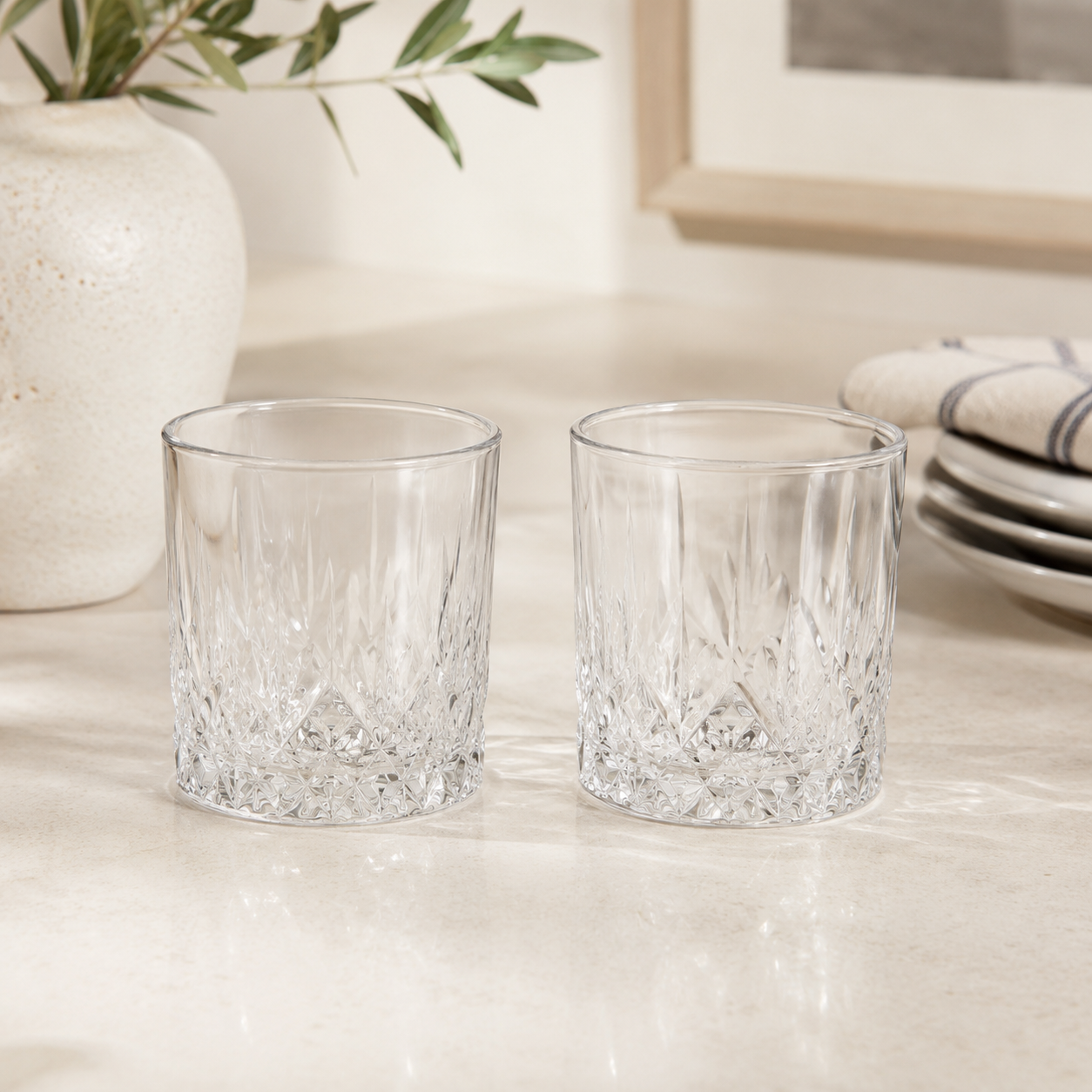 Two crystal-cut whisky tumblers included in the It's 5 O'Clock Somewhere cocktail gift hamper by The Gifting Pantry