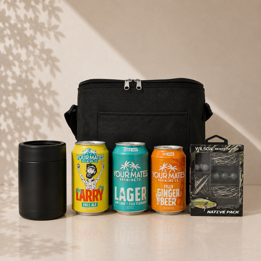 Gone Fishing father's day gift hamper with black cooler bag, can cooler, Your Mates beer cans and Wilson fishing tackle kit