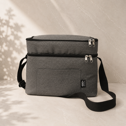 Grey 14L RPET duo insulated cooler bag with black shoulder strap – premium presentation packaging for luxury gift hampers by The Gifting Pantry