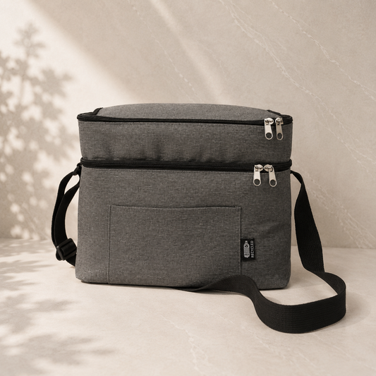 Grey 14L RPET insulated cooler bag with black shoulder strap, used to present gift hampers by The Gifting Pantry