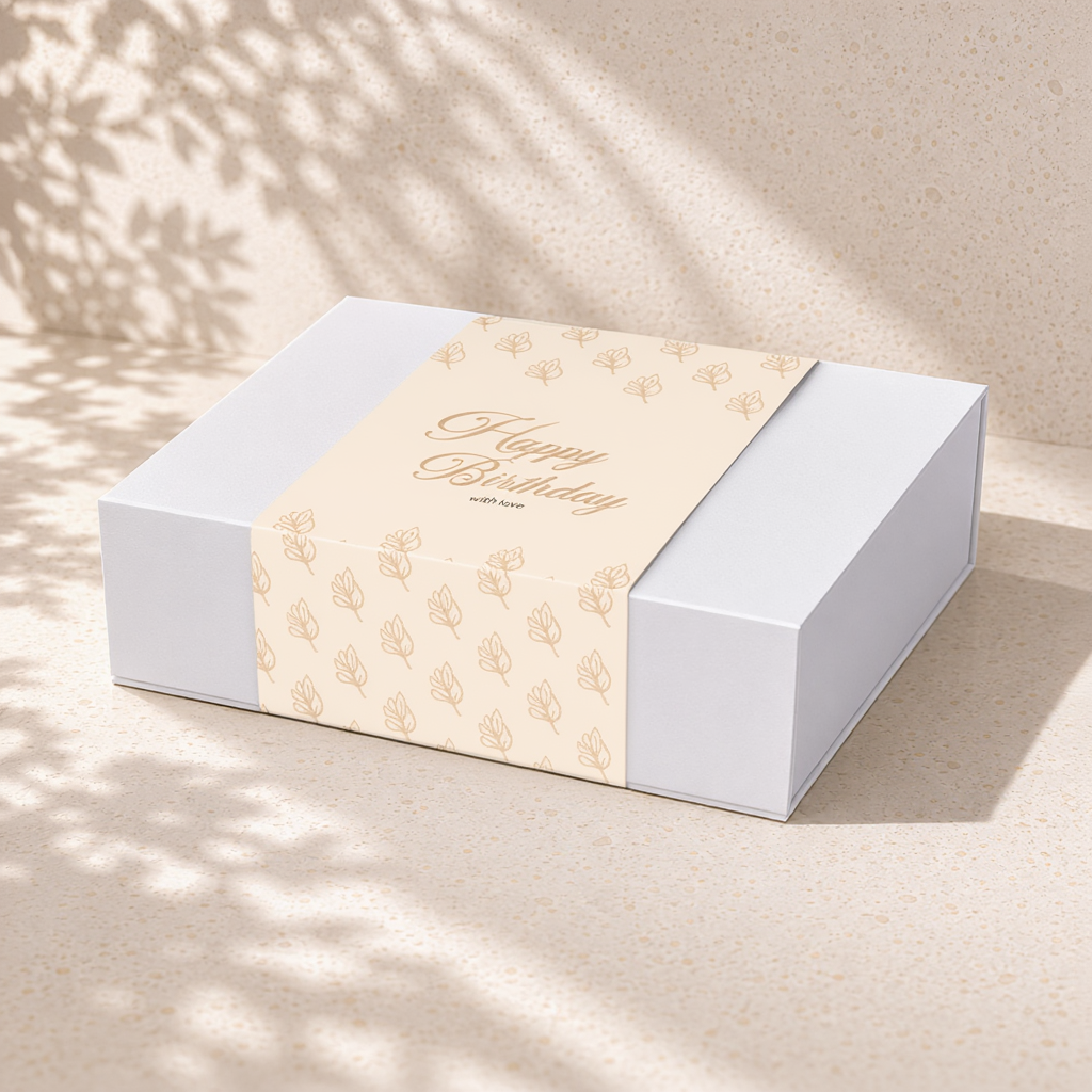 White magnetic gift box with Happy Birthday sleeve – luxury birthday gift box for her, The Gifting Pantry Australia