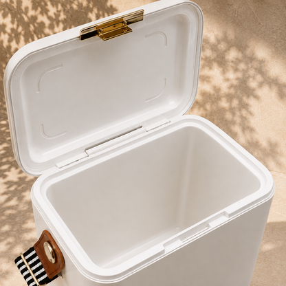 The Pavilion cooler with its hinged lid open, showing the white insulated interior