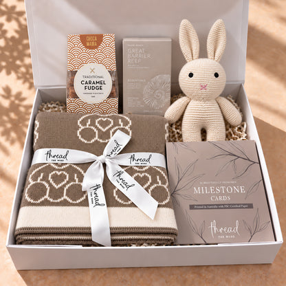 Hello Little One, and You gift hamper in Eggshell, teddy bear blanket, bunny and milestone cards packed in a white gift box