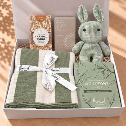 Hello Little One, and You gift hamper in Sage, heritage stripe blanket, bunny and milestone cards packed in a white gift box