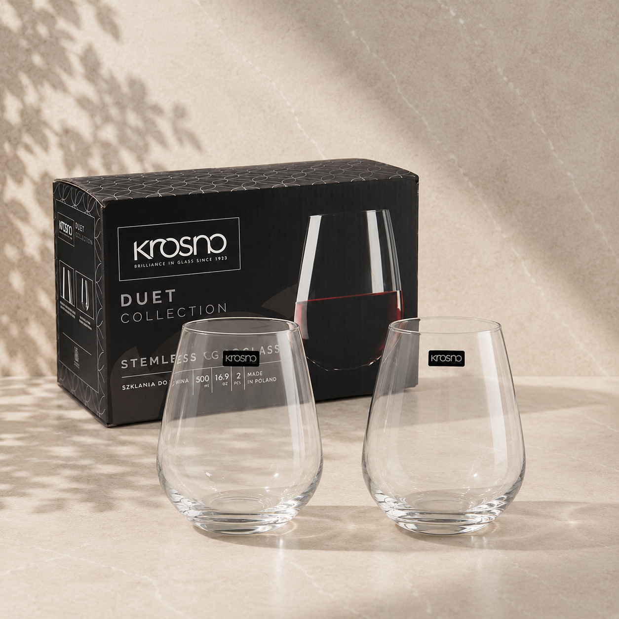 Krosno Duet Collection stemless wine glasses with gift box – included in the Made to Share entertaining gift hamper by The Gifting Pantry