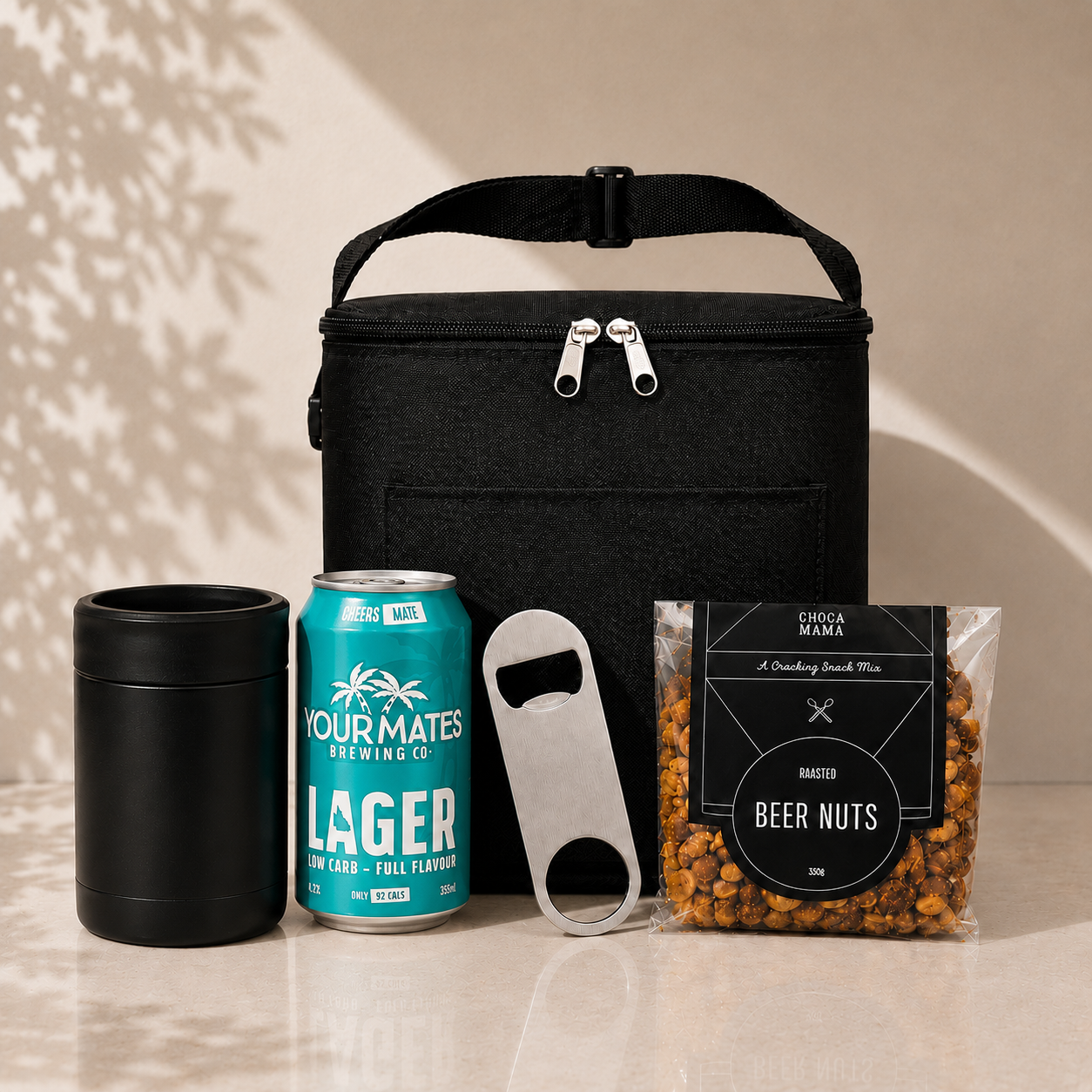 Cold One, Well Earned beer gift set with Lager Low Carb variant – cooler bag, stainless drink cooler, bottle opener and Chocamama beer nuts