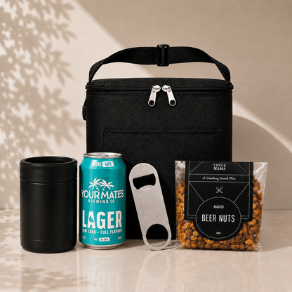 Cold One, Well Earned beer gift set with Lager Low Carb variant – cooler bag, stainless drink cooler, bottle opener and Chocamama beer nuts