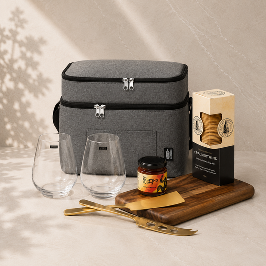 Made to Share entertaining gift hamper – grey cooler bag, Krosno stemless glasses, walnut serving board, gold cheese knives, crackers and relish by The Gifting Pantry