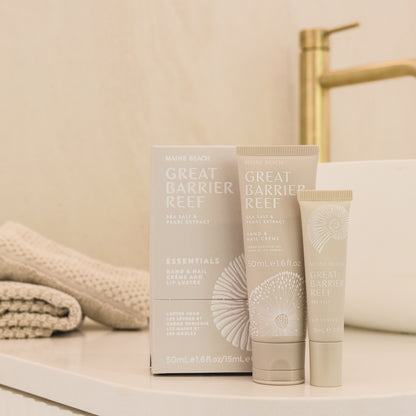 Maine Beach Great Barrier Reef Essentials Set — peppermint Lip Lustre and Hand & Nail Crème — gift hamper skincare inclusion for her