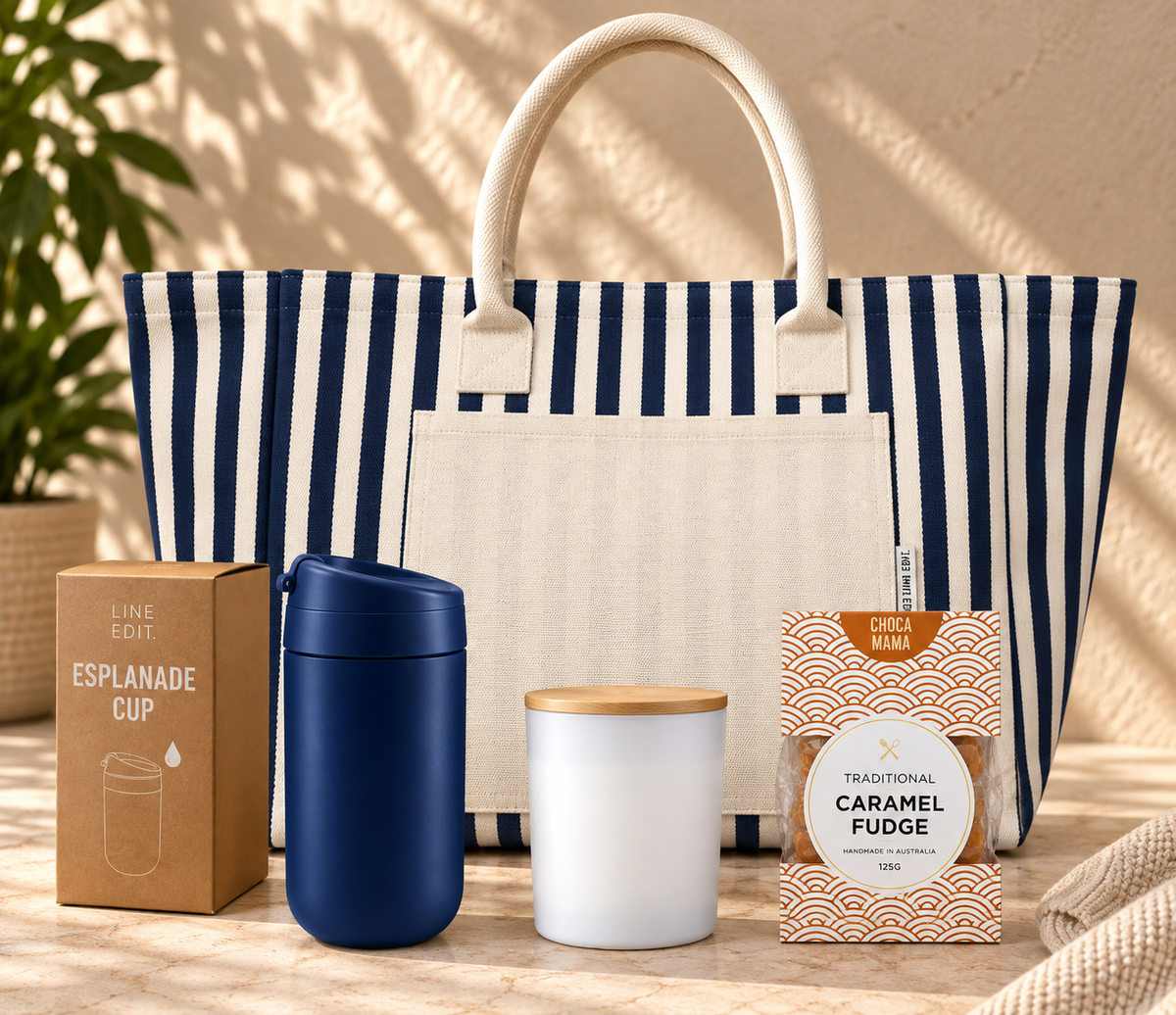 For Everything You Do gift with a navy striped Hampton tote, navy Esplanade cup, soy candle and caramel fudge