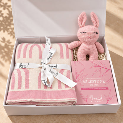 Hello Little One baby gift hamper in Pink, rainbow print cotton blanket, knitted bunny and milestone cards