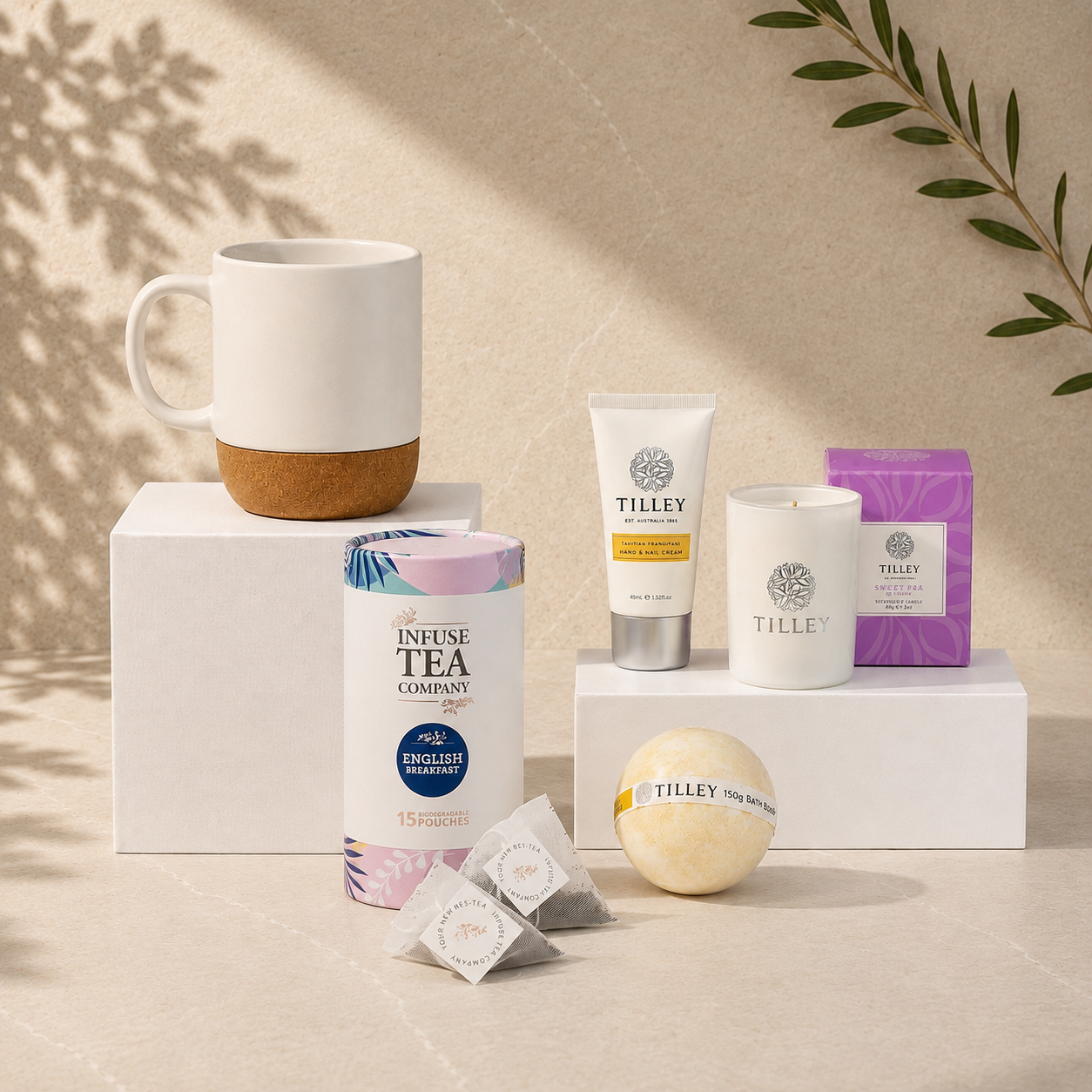 Put the Kettle On self care gift hamper with white cork base mug, English Breakfast tea, Tilley candle, bath bomb and hand cream