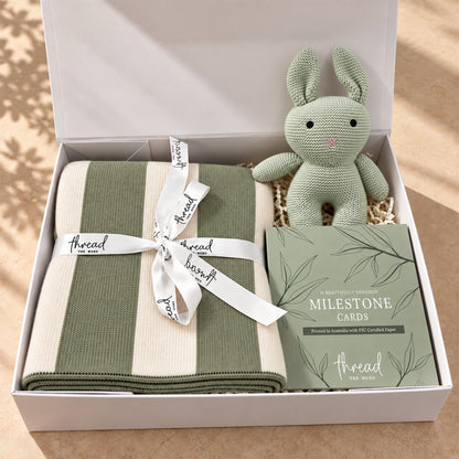 Hello Little One baby gift hamper in Sage, heritage stripe cotton blanket, knitted bunny and milestone cards in a white gift box