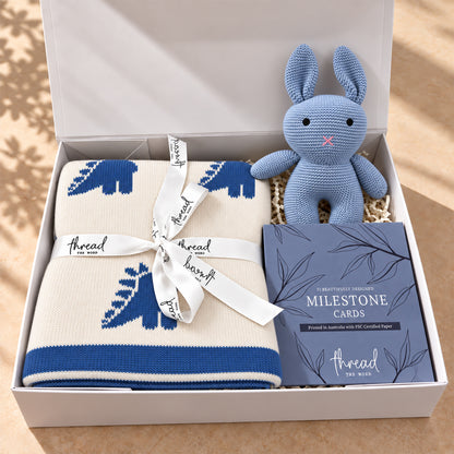 Hello Little One baby gift hamper in Seamist, blue dinosaur print blanket, knitted bunny and milestone cards