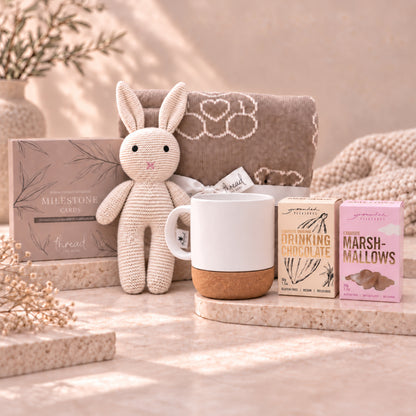 Eggshell new parent gift set, teddy bear blanket, cream bunny, ceramic mug, Grounded Pleasures drinking chocolate and marshmallows