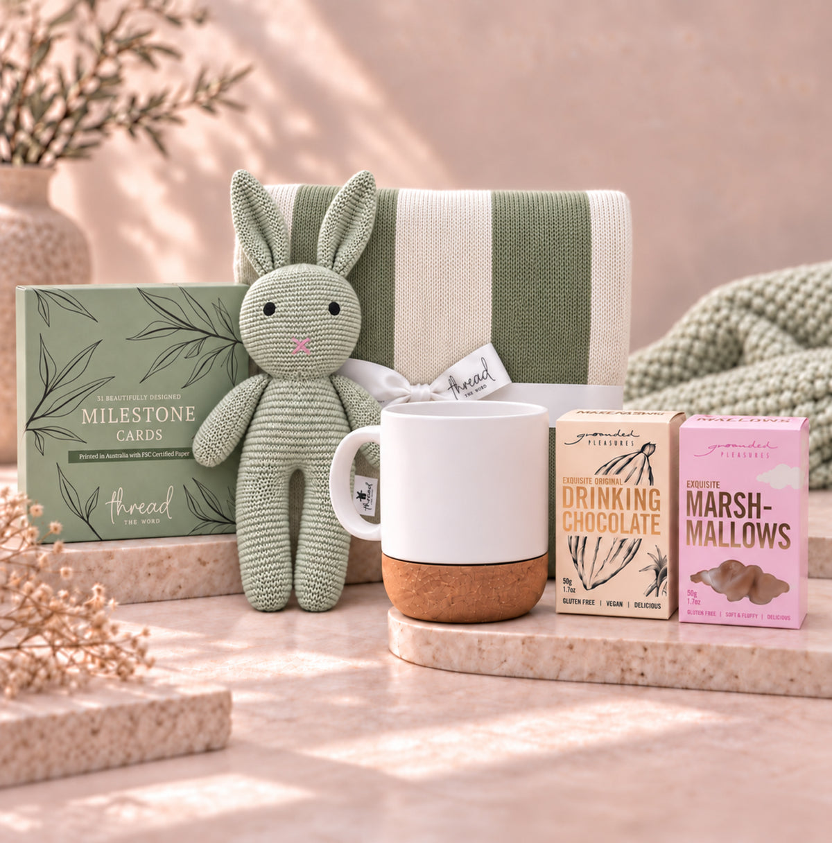 Sage new parent gift set, heritage stripe blanket, sage bunny, ceramic mug, Grounded Pleasures drinking chocolate and marshmallows