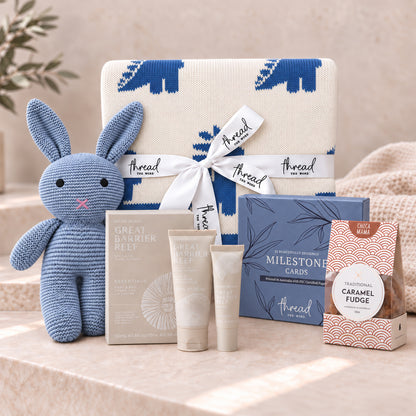 Seamist baby and new parent gift set, dinosaur print blanket, knitted bunny, Maine Beach skincare and caramel fudge