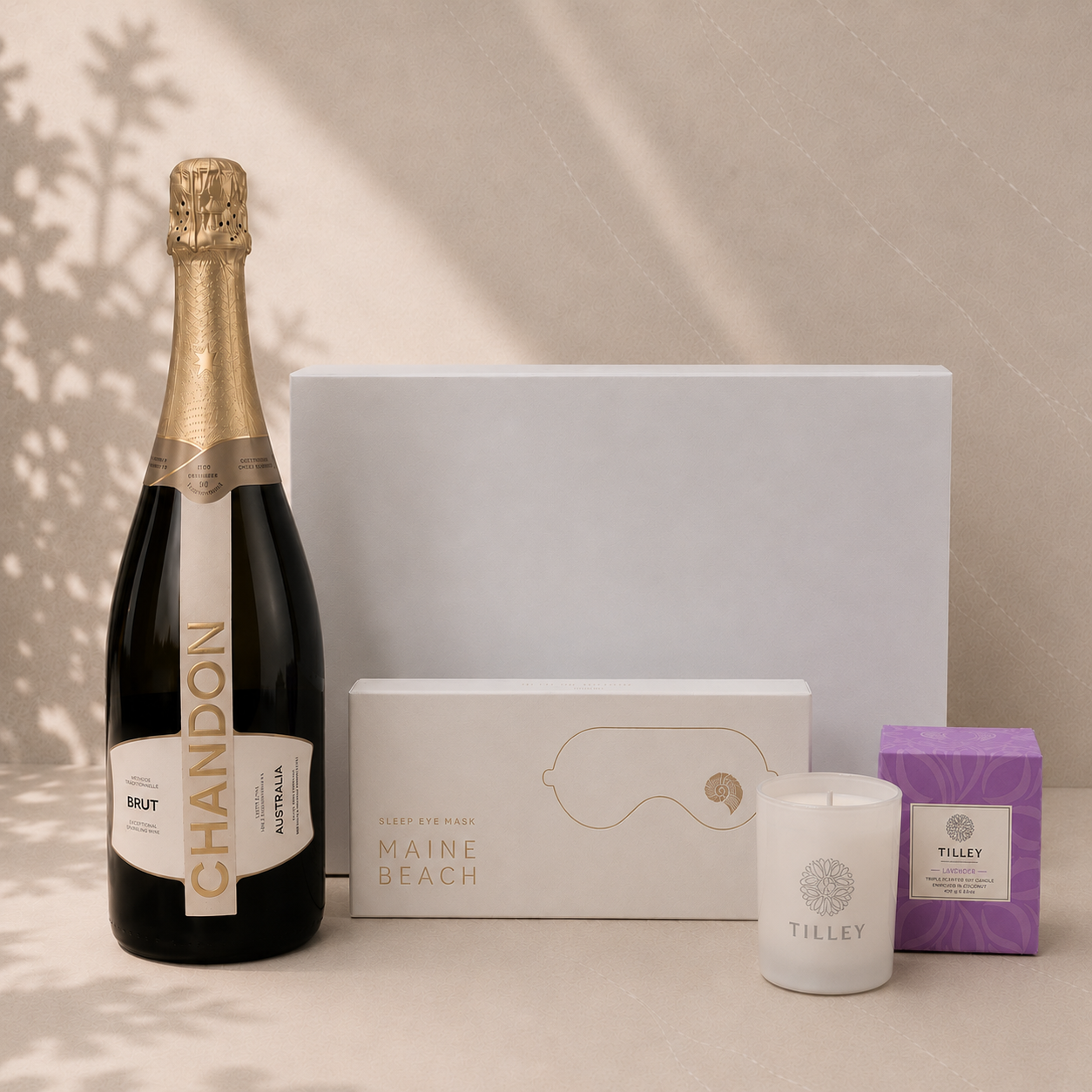 Sip and Glow luxury gift box – Chandon Brut sparkling wine, Maine Beach sleep eye mask and Tilley candle, gift for her Australia