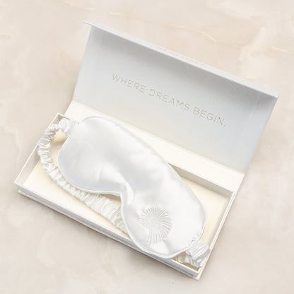 Maine Beach Pearl satin sleep eye mask in open white gift box "Where Dreams Begin" – luxury pamper gift for her Australia
