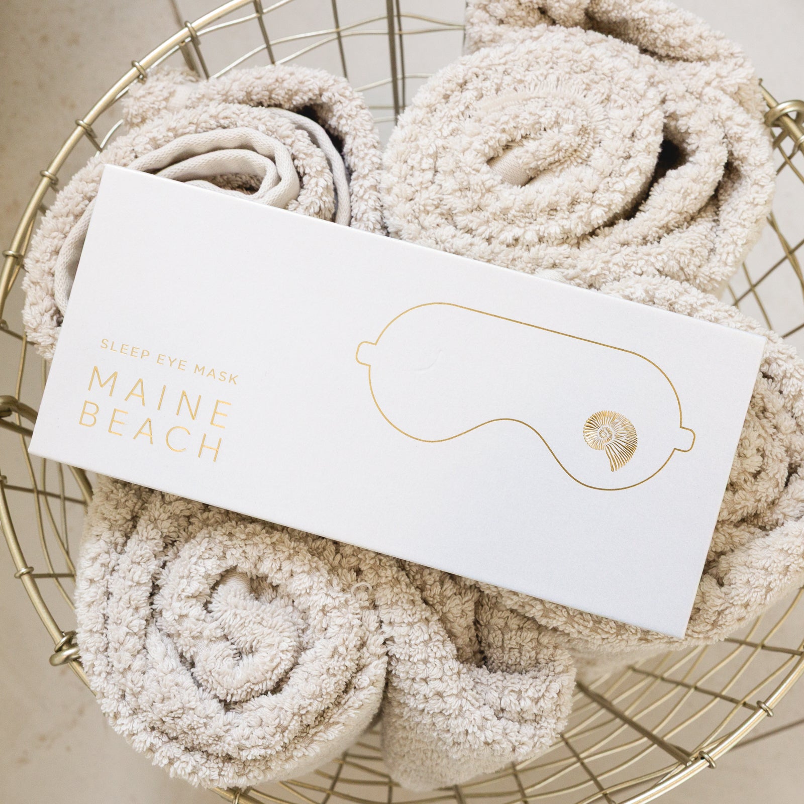 Maine Beach Pearl satin sleep eye mask in gold wire basket – luxury self-care gift for her, Sip and Glow pamper gift box