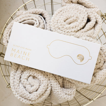 Maine Beach Pearl satin sleep eye mask in gold wire basket – luxury self-care gift for her, Sip and Glow pamper gift box