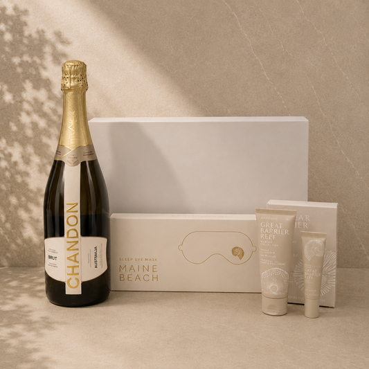 Still and Sparkling gift hamper — Chandon Brut 750ml, white magnetic-close gift box, Maine Beach Great Barrier Reef skincare and pearl satin sleep eye mask