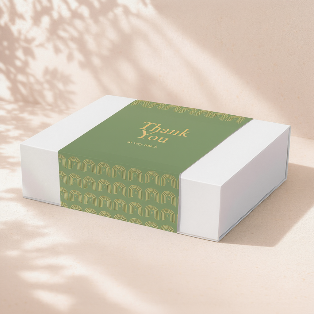 White magnetic-close gift box with green Thank You sleeve — Pour, Pair & Pause wine gift set packaging