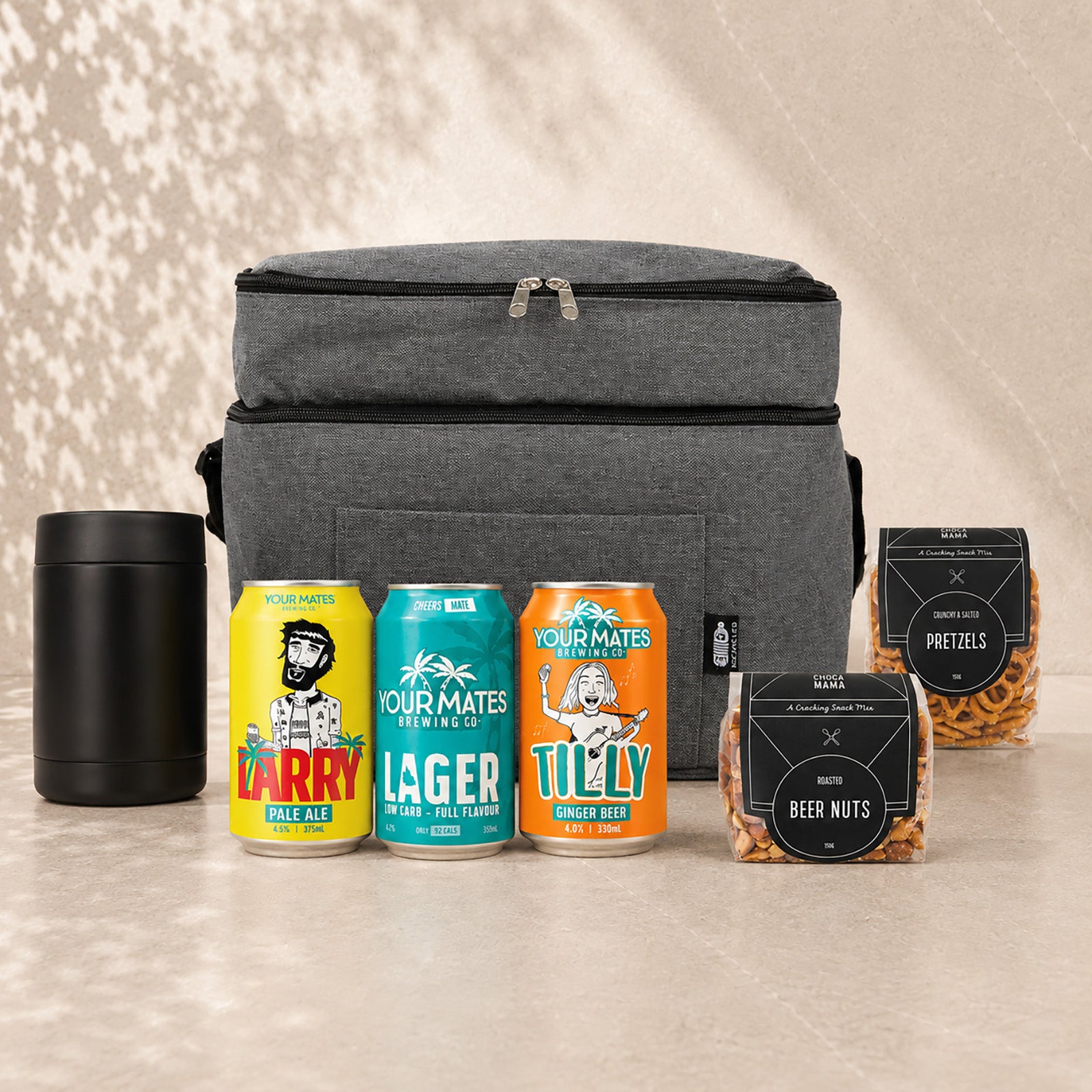 The Backyard Session Father's Day beer hamper — grey cooler bag, can cooler, Your Mates craft beers and Chocamama snacks