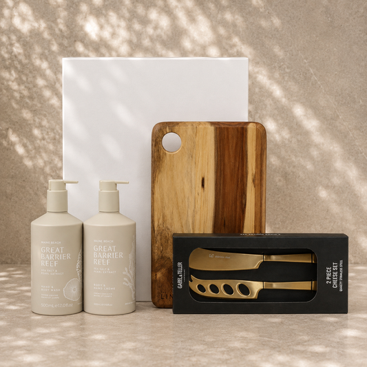 The Host's Welcome hosting gift set — Maine Beach body wash & crème, serving board, cheese knife set and white magnetic gift box