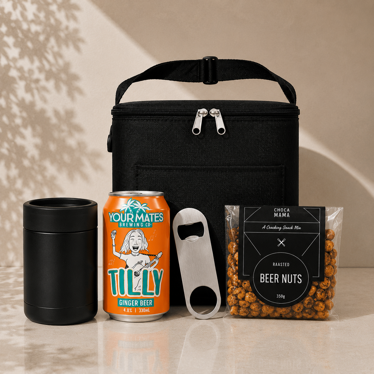 Cold One, Well Earned beer gift set with Tilly Ginger Beer variant – cooler bag, stainless drink cooler, bottle opener and Chocamama beer nuts