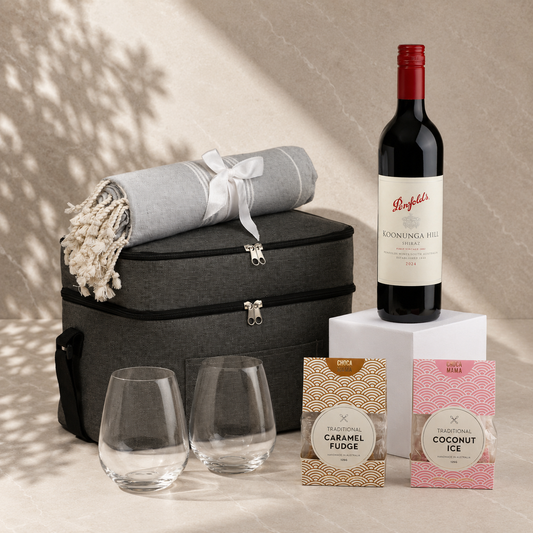 Uncork & Unwind housewarming wine gift hamper – red wine set with Penfolds Koonunga Hill Shiraz, Krosno stemless glasses, grey cooler bag, Turkish towel, caramel fudge and coconut ice